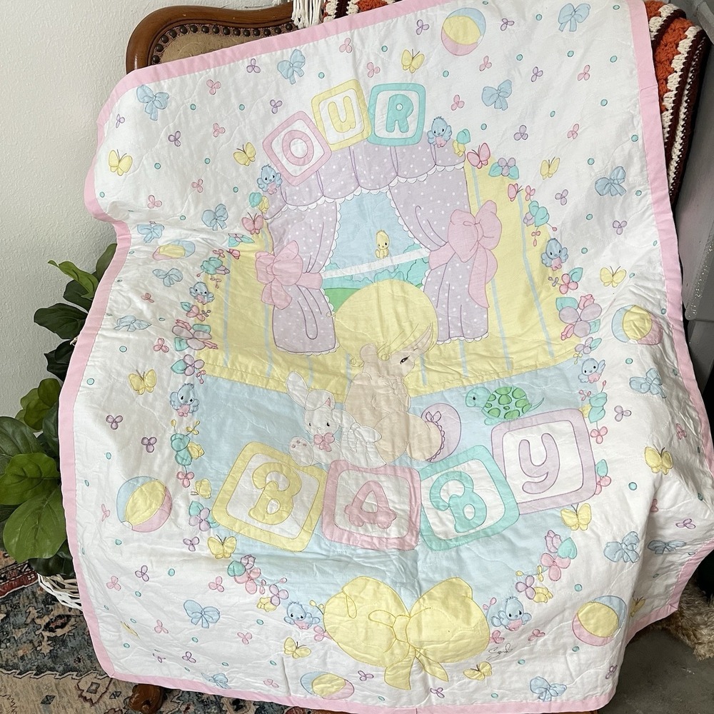 Vintage Precious Moments Crib Quilt 35x43 "OUR BABY" blocks bows 80s decor